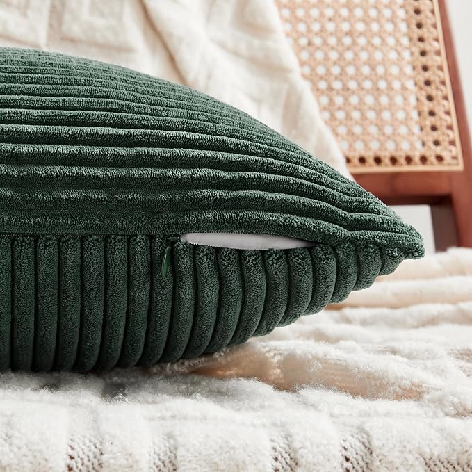 Fancy Homi Set of 4 Dark Green Boho Decorative Throw Pillow Covers 18x18 Inch for Living Room Couch Bed, Modern Farmhouse Forest Green Home Decor, Soft Textured Corduroy Cross Patchwork Cushion Case