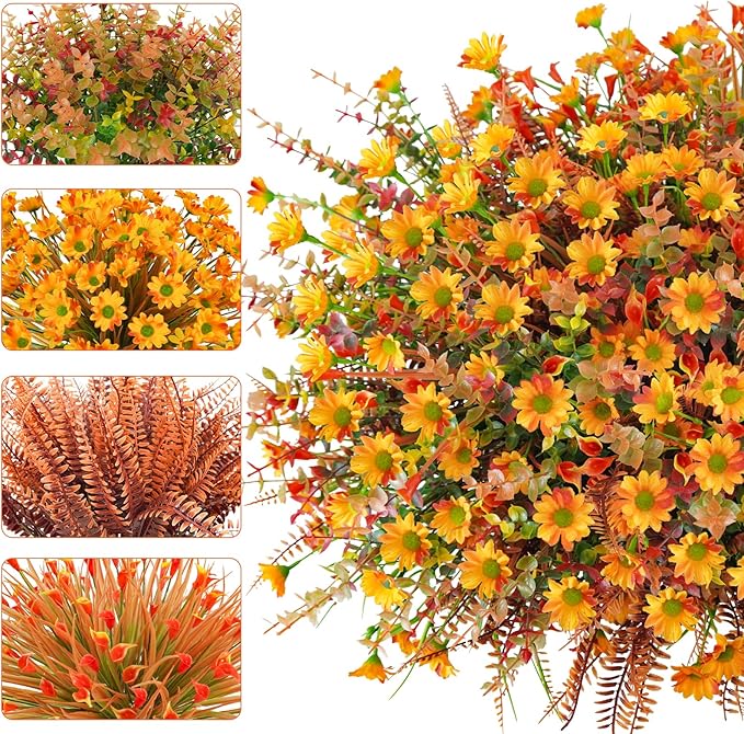 64 Pcs Artificial Fall Flowers - UV Resistant Fake Mums Outdoor Faux Plants for Home Garden Patio Porch Window Box Thanksgiving Decor