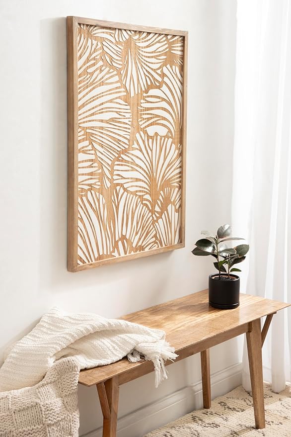 Kate and Laurel Sago Modern Decorative Wood Art Plaque; 23 x 33; White and Rustic Brown; Painted Wood Floral Wall Art with Dimensional Design for Living Room Decor