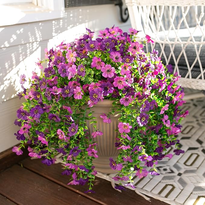 HyeFlora Artificial Flowers for Outdoors Decoration, 2Pcs Dark Purple and Purple Fake Hanging Flowers, UV & Fading Resistant, Faux Decor for Porch Patio Balcony Planter