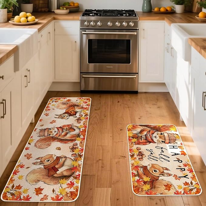 Happy Fall Y'all Squirrel Kitchen Rugs Set of 2, Seasonal Autumn Thanksgiving Holiday Home Decor Low-Profile Kitchen Mats for Floor - 17x29 and 17x47 Inch