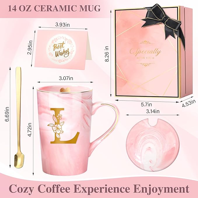 Coffee Mugs - Personalized Gifts for Women, Initial Customized Gift Ceramic Marble Cups 14 Oz Pink, Luxury Birthday Christmas Mother's Day Gift for Her Mom Grandma Girlfriend Friend Unique,L