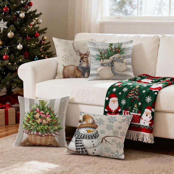 Christmas Pillow Covers 20x20 inch Set of 4, Holiday Winter Outdoor Vintage Snowflake Xmas Snowman Neutral Farmhouse Seasonal Burlap Reindeer Decorations for Sofa Couch