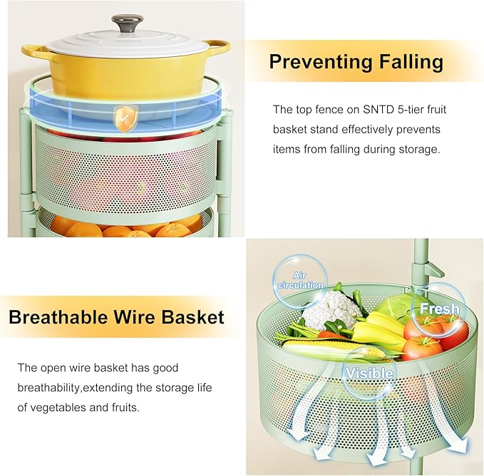 SNTD Fruit and Vegetable Basket Bowls for Kitchen with Metal Top Lid, 5 Tier Rotating Storage Rack Cart for Potato Onion Bread Banana, Wire Basket Organizer on Wheels, Large (Green)