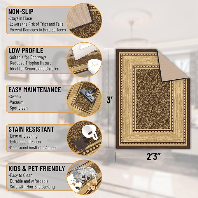 Ottomanson Rugs for Entryway 2'3" x 3' Non Slip Border Small Area Rugs Durable Front Door Mat Rug Stain Resistant Entrance Rugs for Bathroom Kitchen Bedroom & Living Room, Brown