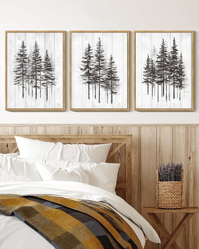 KUVIOKE Modern Pine Tree Framed Wall Decor Nature Forest Wall Decor Vintage Rustic Minimalist Paints for Farmhouse Bedroom Dining Room Decor11x14in (Natural Framed)