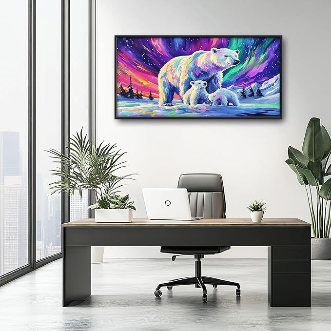Polar Bear Large Wall Art for Living Room Framed, White Bear Wall Decor Pictures, Aurora Canvas Print Painting, Aesthetic Artwork Bedroom Office Home Decor 60"x30"