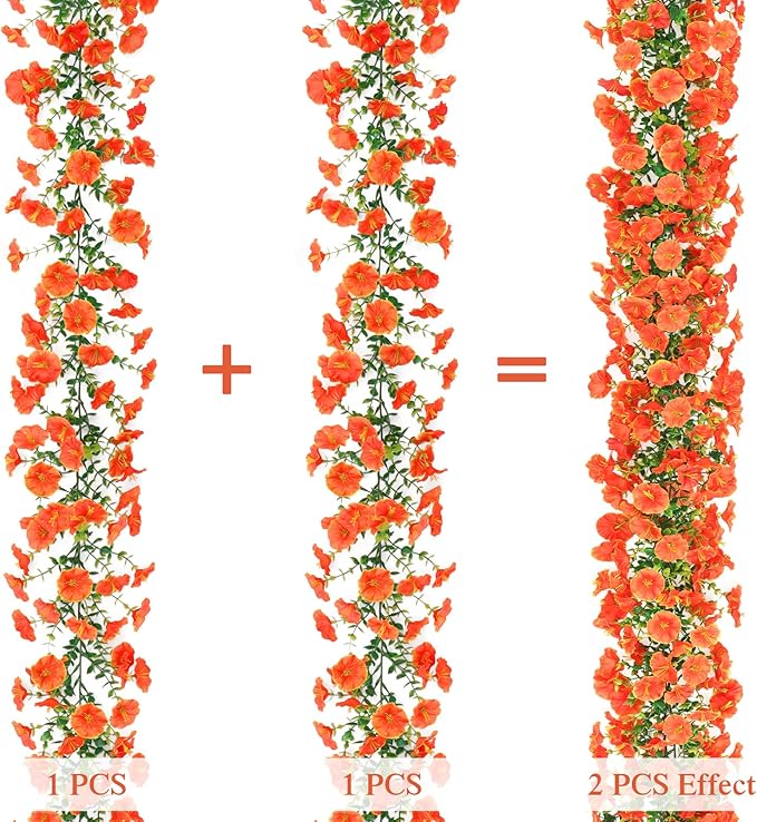 Dremisland Fall Artificial Flowers Garland 2Pcs 5.9Ft Artificial Fall Morning Glory Flower Vines UV Resistant Orange Yellow Hanging Autumn Floral Vines for Home Garden Wedding Party Thanksgiving Decor