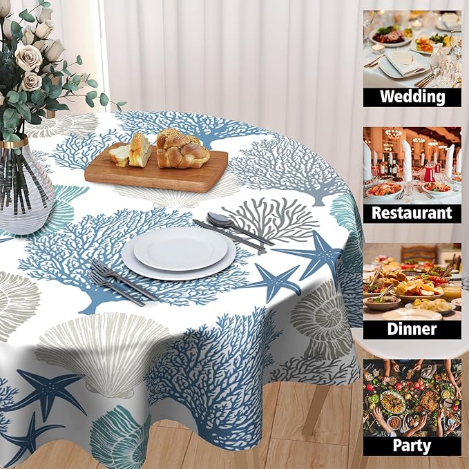 Kawani Nautical Coastal Tablecloth Round 60 Inch Seashell Beach Round Tablecloth 60 Inch Sea Ocean Summer Circle Tabletop Decor Sea Coral Table Covers for Home Kitchen Dinner Holiday Party Picnic