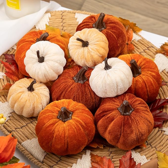 Briful Fall Pumpkins Decoration for Home, 10PCS Assorted Velvet Pumpkins Small Fake Pumpkins for Autumn Harvest Thanksgiving Halloween Party Table Centerpiece Decoration(Beign/Brown/Orange)