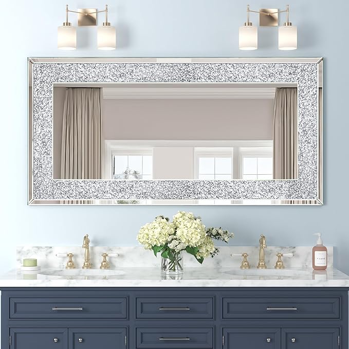 Crystal Crush Diamond Wall Mirror-47 x24 Silver Mirror, Gorgeous Rectangle Mirrors for Wall Bathroom, Bedroom, Dining Room and Living Room