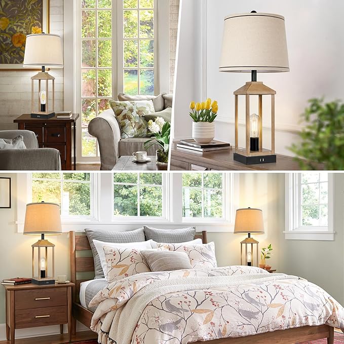 28" Farmhouse Table Lamp with 2 Light, 3-Way Dimmable Vintage Touch Control Nightstand Bedside Wood Lamp with USB Ports for Living Room, Bedroom, Home, Office, 2 Bulbs Included