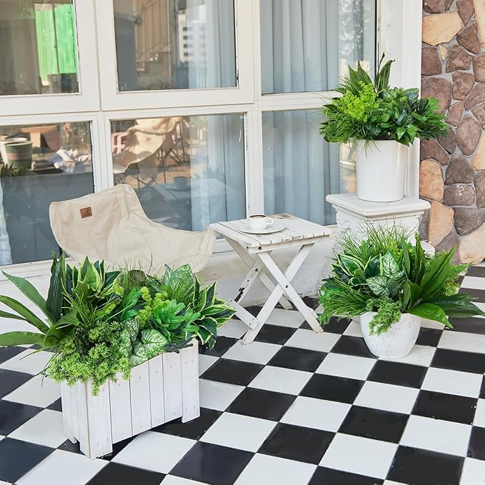 18Pcs Outdoor Artificial Boxwood UV Resistant Fake Stems Plants, Faux Plastic Greenery for Indoor Outside Hanging Plants Garden Porch Window Box Home Wedding Farmhouse Décor