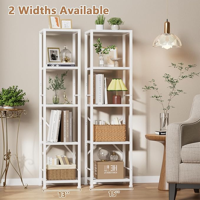 Furologee 5 Tier White Bookshelf, Tall Narrow Bookcase for Small Space, Modern Freestanding Shelf, Metal and Wooden Display Storage Shelves for Bedroom, Living Room, Office