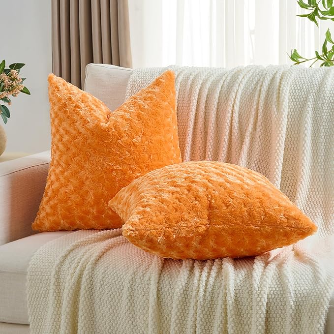 FUTEI Orange Decorative Throw Pillow Covers 18x18 Inch Set of 2,Soft Solid Rose Textured Cushion Case,Modern Home Decor for Couch Sofa Bed Living Room