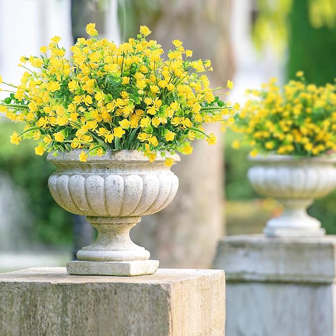 Sggvecsy Artificial Flowers for Outdoors 24 Bundles UV Resistant Boxwood Shrubs Artificial Eucalyptus Fake Plants Faux Plastic Greenery for Farmhouse Garden Home Indoor Outdoor Decoration（Yellow）