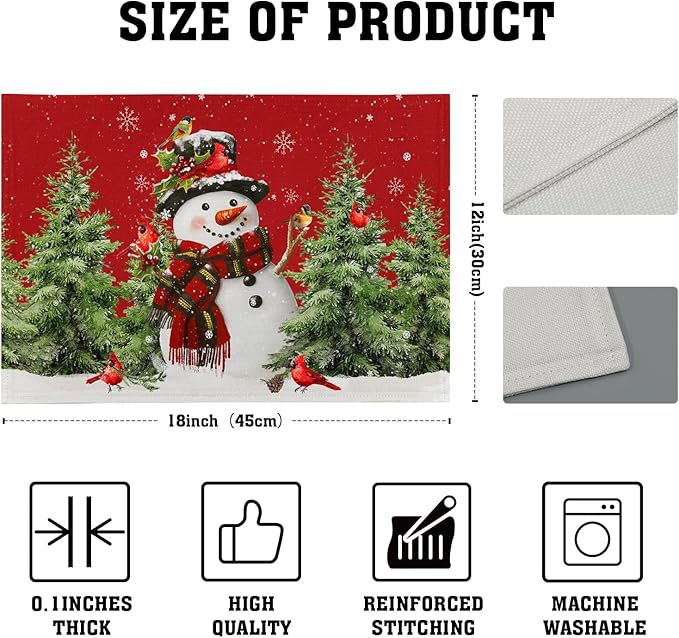 Snowman Placemats 12×18 Inches Set of 4 Holiday Trees Indoor Kitchen Dining Table Place Mats for Home Party Decoration