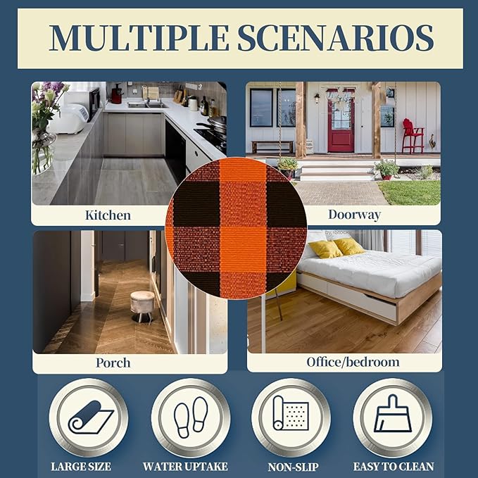 SEEKSEE Cotton Buffalo Plaid Rug 27.5"x43" Orange and Black Checked Rug Washable Doormats Indoor Outdoor Rugs for Layered Front Door Mats, Porch, Kitchen, Farmhouse, Entryway