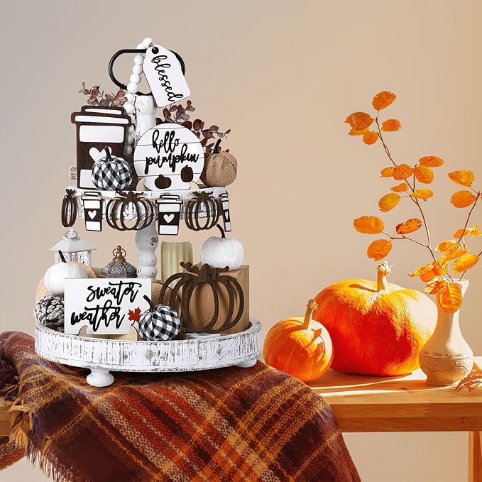 19 Pcs Rustic Fall Tiered Tray Decor Autumn Farmhouse Home Decorations Set Fall Wood Tray Decor Rustic Autumn Thanksgiving Day Decorative Sign for Tabletop Kitchen Office Decorations
