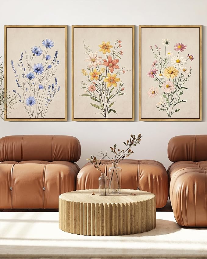 KUVIOKE Vintage Wildflower Bouquet Framed Wall Art Color Botanical Flower Wall Decor Modern Colorful Floral Hanging Decor for Living Laundry Dining 16x24in (Natural Framed)