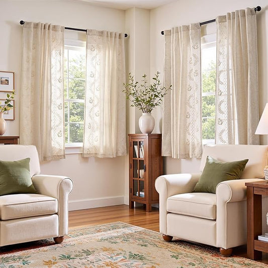 jinchan Belrose Linen Curtains for Bedroom Floral Curtains 63 Inch Length Linen Blend Ivory Embroidered Drapes Farmhouse Flower Patterned Drapes for Living Room Window Treatments Sets 4 Panels