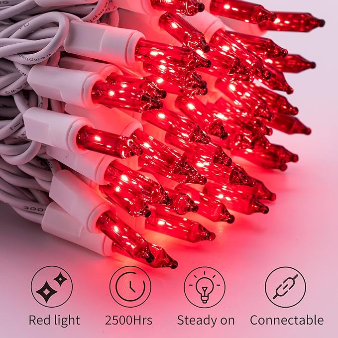 Christmas Red Mini String Lights, 100 Count 26.5 Feet Detachable Incandescent Bulb Waterproof Red Fairy Lights Plug in for Indoor Outdoor Party Patio Valentine's Day Decoration, White Wire