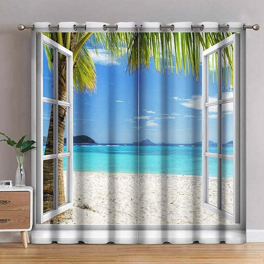 Jekeno Ocean Beach Palm Trees Blackout Curtains Summer Tropical Island Decor Seaside White Wooden Window View Print Grommet Window Drapes for Bedroom Living Room 2 Panel Set, 52"x84"