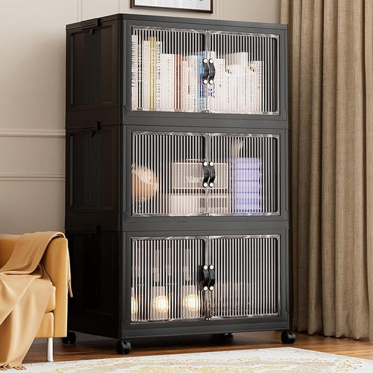 Jalove 90Gal Large Storage Bins with lids, 360QT Plastic Stackable Storage Containers with Wheels, Collapsible Closet Organizer and Storage Drawers,Clothes Organization for Cabinet Home, 3Pack Black