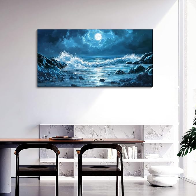 CHATYOUNG Blue Ocean Wall Art, Large Reef Beach Sea Waves Night Landscape Paintings Moon Clouds Coastal Style Picture Artwork for Bedroom Living Room Kitchen Home Offic Decor 24"X48"
