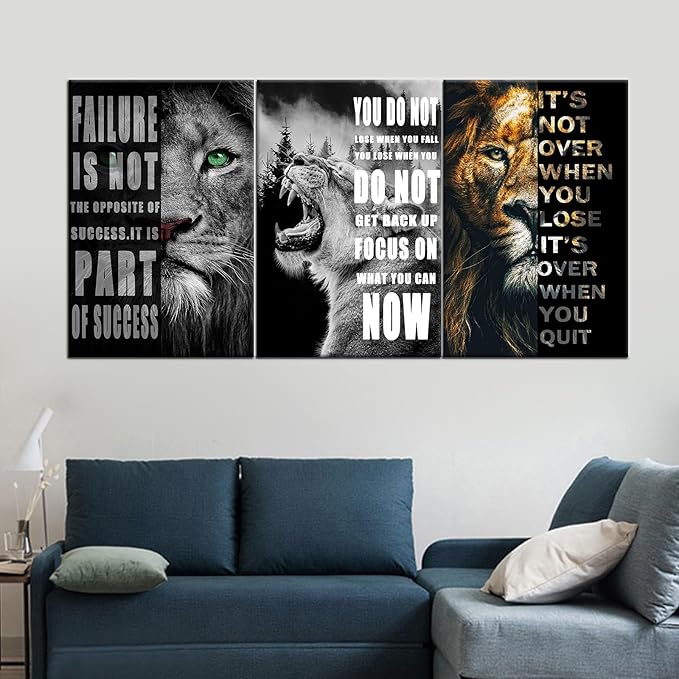 3 Panels Motivational Lion Canvas Print Wall Art Inspirational Quote Picture Animal Poster Painting Modern Inspiring Artwork Decor for Living Room Office Home Decor Wooden Framed [72''Wx 36''H]
