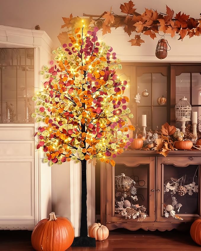 Agusbagli 7FT 128LED Artificial Lighted Fall Eucalyptus Tree, Fall Decorations for Home with Timer Dimmable 8 Modes Fall Light Up Tree with 768 Leaves for Indoor Outdoor Autumn Thanksgiving Decor