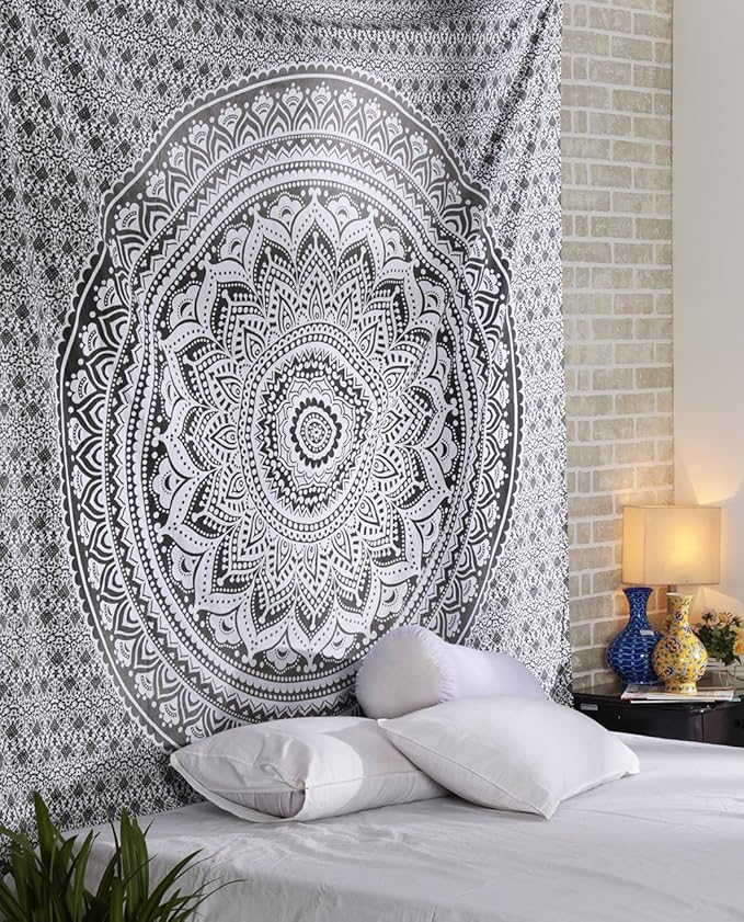 RAJRANG Large Mandala Tapestry for Bedroom and Living Room Wall Hanging Cotton Tapestries (Grey and White, Ombre, 90x84 Inch, Queen Size)