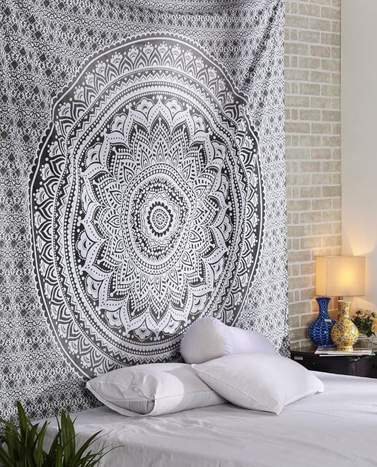 RAJRANG Large Mandala Tapestry for Bedroom and Living Room Wall Hanging Cotton Tapestries (Grey and White, Ombre, 90x84 Inch, Queen Size)