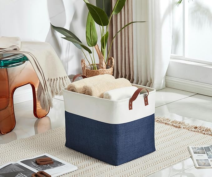 DECOMOMO Fabric Storage Basket Large Closet Storage Bins for Toys Nursery & Laundry Storage (Navy Blue & White, XXL - 3 Pack)