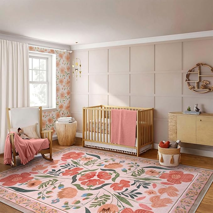 Beeiva Washable 6x9 Area Rugs for Bedroom, Floral Living Room Nursery Beige Rugs with Low Pile, Floral Ultra-Thin Non Slip Carpet for Bedroom Nursery Dorm Kids Room Décor (Beige,6'x9')
