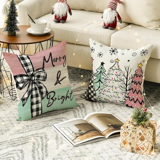 AVOIN colorlife Merry Christmas Joy Xmas Trees Colorful Throw Pillow Covers, 18 x 18 Inch Christmas Winter Holiday Cushion Case Decoration for Sofa Couch Set of 4