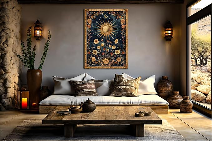Sun and Moon Celestial Canvas Wall Art Tarot Crescent Moon Wall Decor Pictures Gothic Wildflowers Painting Posters Prints Aesthetic Dark Academia Vibe Artwork for Bedroom Home Decor Framed (24inx36in canvas)