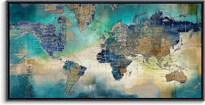 Pogusmavi World Map Canvas Art - Abstract Wall Art for Office & Living Room, Green, 30x60 Black Framed