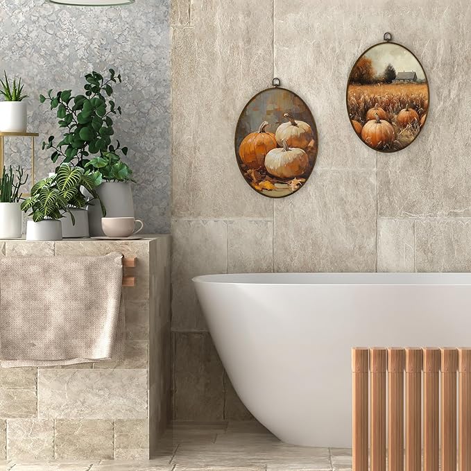 Gnmduw Vintage Fall Pumpkin Oval Wall Art Framed,Fall Cottagecore Pumpkin Canvas Prints Hanging Decor,Retro Thanksgiving Fall Farmhouse Wall Decor for Farmhouse Living Room Bedroom, 8.7x11.3 In