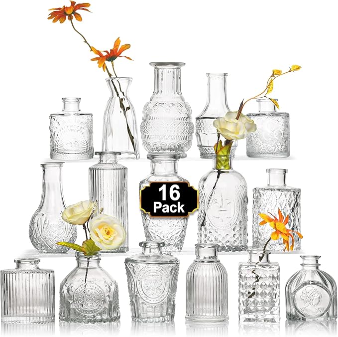 Arme 16Pcs Glass Bud Vase Set，Small Flower Vase for Centerpieces，Clear Bud Vases in Bulk， Mini Vintage Vase for Rustic Wedding Decorations