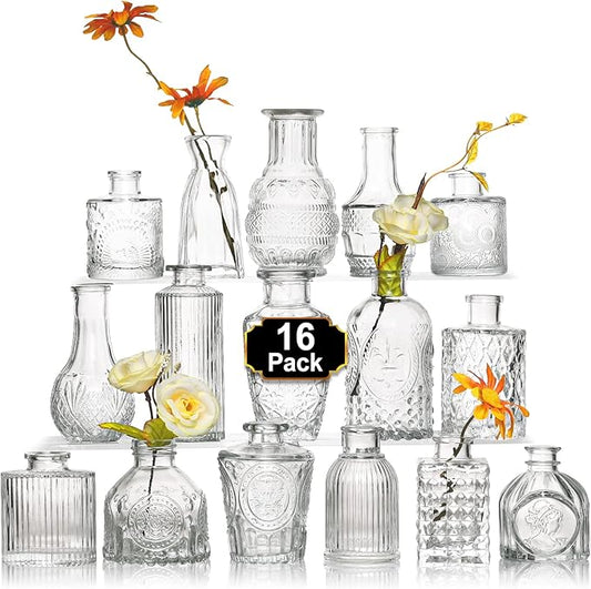 Arme 16Pcs Glass Bud Vase Set，Small Flower Vase for Centerpieces，Clear Bud Vases in Bulk， Mini Vintage Vase for Rustic Wedding Decorations