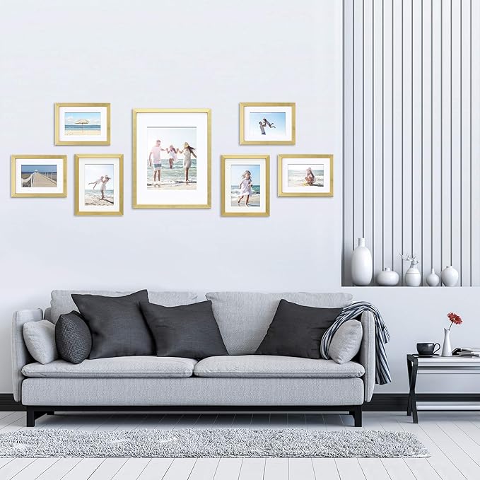 MIMOSA MOMENTS Picture Frame Sets for Wall Collage Multiple Sizes, Gallery Wall Frame Set with mat for one 8x10, two 5x7 and four 4x6 picture (Brass, 7 pcs set)