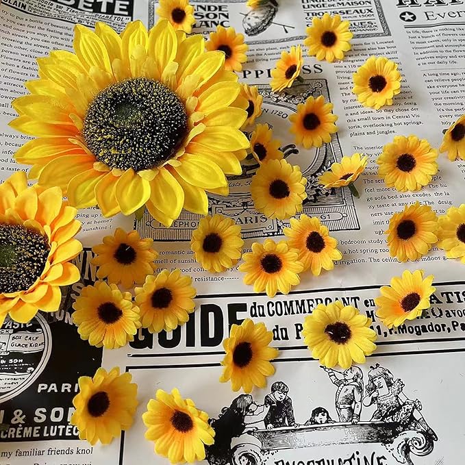 UKELER 122pcs Artificial Sunflower Heads 5.1'' 3.5'' 1.5'' Yellow Sunflower Artificial Flowers for Home Decoration Wedding Decor Birthday Party Decor Garden Craft Art Decor