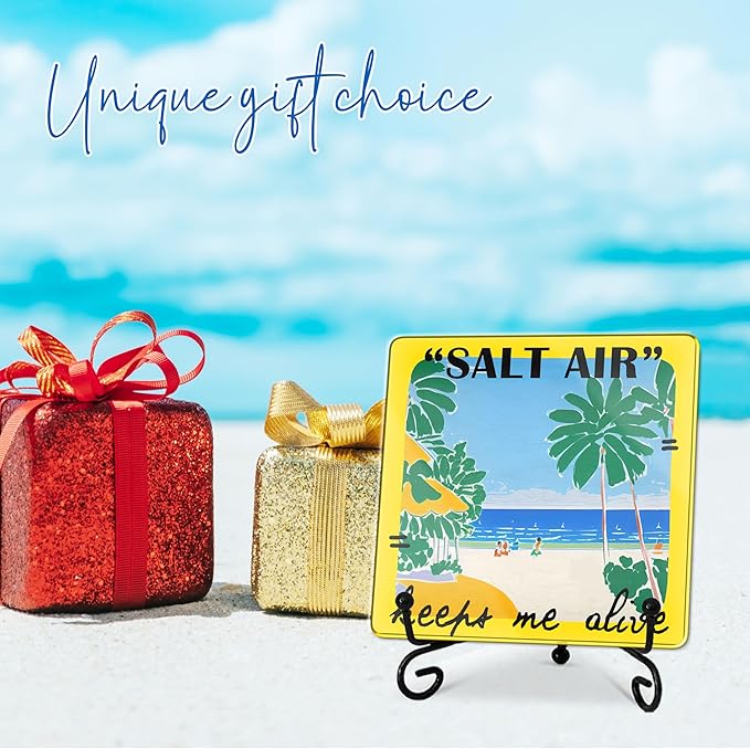 Salt Air Keeps Me Alive Acrylic Sign With A Metal Support -4x4" Seasonal Beach & Palm Tree Tabletop Acrylic Plaque - Home Desk Office Shelf Aesthetic Display Art Decoration & Favors For Women Men - A03