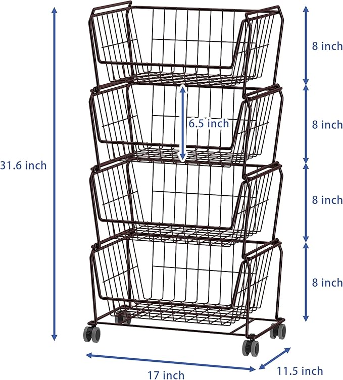 PUSDON Stackable Metal Storage Carts, Dual Use Shelf for Kitchen Fruit Vegetable Baskets with Wheels, Storage Rack for Living Room, Home & Office, Standard Bronze 4 Tiers