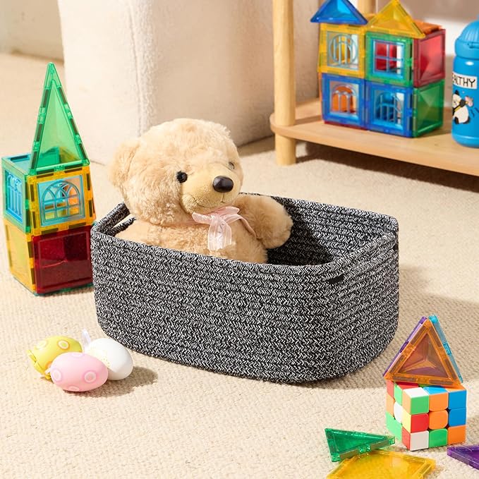 Small Storage Baskets for Organizing | Closet Organizer Bins | Shelf Toy Basket | Woven Rope Baskets | Cube Decorative Box | Shallow Basket | 13x8.5x5.1” | 4 Packs Dark Gray