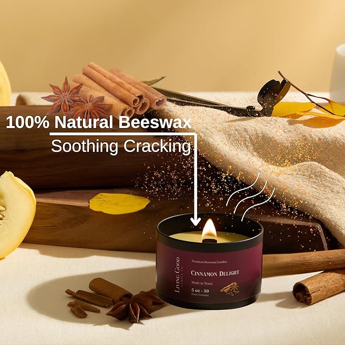 Fall Fresh Cinnamon Bark Essential Oil - Warm & Spicy Pure Beeswax Candle - 30+ Hours Long Burning - Non-Toxic Scented Candles for Autum Home Decor & Aromatherapy for Anxiety Relief - Natural - 5 OZ