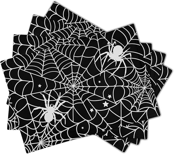 Halloween Placemats 12×18 Inches Set of 4 Spiders Black White Spiderweb Seasonal Holiday Indoor Kitchen Dining Table Place Mats for Home Party Decoration