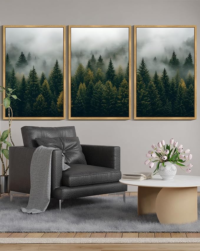 KUVIOKE Green Fog Pine Tree Landscape Framed Wall Art Nature Nordic Misty Forests Prints Morden Farmhouse Bedroom Living Room Ready to Hang 24x36in (Natural Framed)