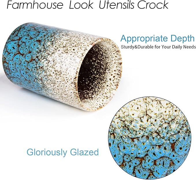 Utensil Holder, Ceramic Kitchen Utensil Holder for Countertop, Large Cooking Utensil Crocks for Kitchen Counter, Morden Utensil Organizer for Spatula, kitchen Decor,White & Blue